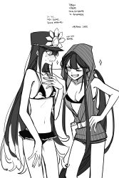 Rule 34 | absurdres, bare shoulders, bikini, black bikini, blush, breasts, brother and sister, cleavage, collarbone, cosplay, costume switch, cowboy shot, crossdressing, fate/grand order, fate (series), greyscale, hair between eyes, hat, highres, korean text, long hair, looking at another, medium breasts, monochrome, navel, oda nobukatsu (fate), oda nobunaga (fate), one eye closed, ponytail, sempon (doppio note), shako cap, siblings, simple background, small breasts, smile, stomach, swimsuit, teeth, very long hair, white background