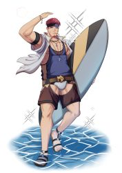 Rule 34 | 1boy, absurdres, alternate costume, arm up, bara, beard, belt, biceps, bracelet, day, facial hair, gradient hair, gyee, headband, highres, holding, holding surfboard, jewelry, kimakkun, looking at viewer, male focus, multicolored hair, muscular, musso (gyee), necklace, nipples, open clothes, pectorals, revealing clothes, revealing layer, sandals, scar, scar on chest, solo, sparkle, standing, summer, surfboard, swimsuit, water
