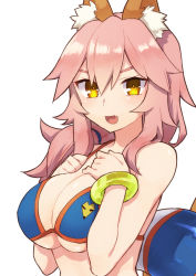 Rule 34 | 1girl, agsen, animal ears, bikini, blue bikini, blush, breasts, cleavage, fang, fate/grand order, fate (series), fox ears, fox tail, hand on own chest, large breasts, long hair, looking at viewer, open mouth, pink hair, simple background, solo, swimsuit, tail, tamamo (fate), tamamo no mae (fate/extra), tamamo no mae (swimsuit lancer) (fate), white background, yellow eyes