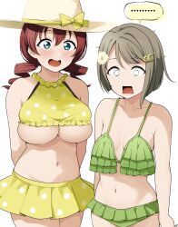 Rule 34 | ..., 2girls, arms behind back, barkhorn0331, bikini, blue eyes, blush, breast envy, breasts, breasts, brown hair, bursting breasts, commentary request, cosplay, costume switch, crescent, crescent hair ornament, drill hair, emma verde, flower, freckles, frilled bikini, frills, green bikini, hair flower, hair ornament, hat, highres, large breasts, looking at another, love live!, love live! nijigasaki high school idol club, multiple girls, nakasu kasumi, navel, open clothes, open mouth, oversized clothes, polka dot, polka dot bikini, red hair, short hair, simple background, small breasts, standing, stomach, swimsuit, twin drills, underboob, undersized clothes, white background, white headwear, yellow bikini