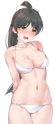 Rule 34 | 1girl, absurdres, arms behind back, bare shoulders, bikini, black hair, blush, bow, breasts, choker, collarbone, cowboy shot, embarrassed, full-face blush, hair bow, hazuki ren, highres, long hair, looking at viewer, love live!, love live! superstar!!, medium breasts, nasuno (nasuno42), navel, open mouth, ponytail, simple background, skindentation, solo, stomach, string bikini, sweat, swimsuit, white background, white bikini, white bow, white choker, yellow eyes