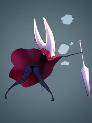 Rule 34 | 1girl, arm up, arthropod girl, ass, bad id, bad pixiv id, black eyes, black panties, black skin, blank eyes, blue background, breasts, breath, cloak, colored skin, female focus, from behind, full body, gradient background, half-closed eyes, highres, holding, holding weapon, hollow knight, hornet (hollow knight), joints, legs apart, multicolored skin, needle (hollow knight), noob (pixiv 35498425), outstretched arm, panties, planted, red cloak, shiny skin, simple background, small breasts, solo, standing, sweat, two-tone skin, underwear, upskirt, weapon, white skin
