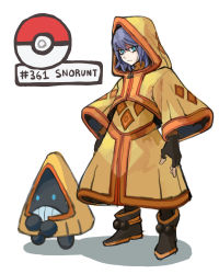 Rule 34 | 1girl, black footwear, black gloves, blank eyes, blue eyes, blue hair, boots, bright pupils, character name, closed mouth, creatures (company), cropped jacket, dress, english text, expressionless, female focus, fingerless gloves, flat chest, full body, game freak, gen 3 pokemon, gloves, hair between eyes, highres, hood, hood up, hooded jacket, jacket, long dress, long sleeves, looking at viewer, nintendo, personification, poke ball symbol, pokedex number, pokemon, pokemon (creature), saiykik, short hair, sidelocks, simple background, snorunt, standing, teeth, white background, white pupils, wide sleeves, yellow dress, yellow jacket, zipper pull tab