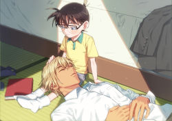 Rule 34 | 2boys, age difference, amuro tooru, bed, bedroom, black-framed eyewear, blonde hair, blue eyes, blue necktie, blurry, blush, book, brown hair, buttons, child, closed mouth, collared shirt, commentary request, depth of field, dress shirt, edogawa conan, fingernails, glasses, grey jacket, grey shorts, hand on another&#039;s head, height difference, highres, indoors, jacket, unworn jacket, k (gear labo), long sleeves, looking at another, looking down, lying, male focus, meitantei conan, multiple boys, necktie, unworn necktie, no shoes, on back, on floor, parted lips, shadow, shirt, short hair, short sleeves, shorts, sitting, sleeping, socks, t-shirt, white legwear, white shirt, yellow shirt