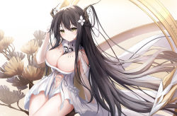 Rule 34 | 1girl, absurdly long hair, absurdres, azur lane, black hair, breasts, cleavage, detached collar, dress, flower, gloves, green eyes, hair flower, hair on horn, hair ornament, highres, horns, indomitable (azur lane), large breasts, long hair, proverbs zhenyan, revealing clothes, sitting, solo, thighs, very long hair, white dress, white gloves