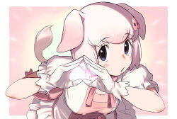 Rule 34 | 1girl, animal ears, blush, bow, commentary request, dress, frilled dress, frilled skirt, frilled sleeves, frills, gloves, gradient hair, grey eyes, hair ornament, heart, heart hands, highres, kemono friends, looking at viewer, multicolored hair, open mouth, pig (kemono friends), pig ears, pig girl, pig nose, pig tail, pink bow, pink dress, pink hair, pink legwear, puffy short sleeves, puffy sleeves, shirt, short hair, short sleeves, skirt, solo, tail, tsushima ao, upper body, white dress, white gloves, white hair, white shirt, white skirt