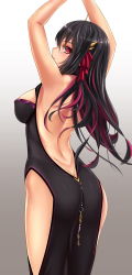 Rule 34 | 1girl, arms up, ass, backless outfit, black hair, blush, breasts, butt crack, closed mouth, from behind, gradient background, hair ribbon, highres, hip vent, horns, large breasts, long hair, looking at viewer, looking back, midnight (banyex), multicolored hair, original, red eyes, ribbon, smile, solo, two-tone hair