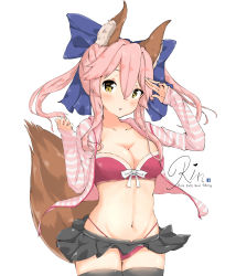 Rule 34 | 10s, 1girl, :o, absurdres, animal ear fluff, animal ears, artist name, black skirt, black thighhighs, blue bow, blue hair, bow, bow bra, bra, breasts, cleavage, commentary, cowboy shot, cursive, english text, facebook logo, fate/extra, fate/grand order, fate (series), fox ears, fox tail, gluteal fold, hair bow, head tilt, heart, highleg, highleg panties, highres, jacket, light blue hair, light frown, long hair, long sleeves, looking at viewer, medium breasts, microskirt, navel, official alternate costume, open clothes, open jacket, panties, parted lips, pink hair, pink shirt, pleated skirt, qianxiaolin, red bra, red panties, shirt, signature, simple background, skindentation, skirt, solo, standing, string panties, striped clothes, striped shirt, tail, tamamo (fate), tamamo no mae (fate/extra), tamamo no mae (spring casual) (fate), thigh gap, thighhighs, thighs, underwear, w arms, white background, yellow eyes