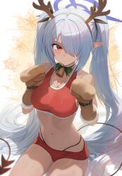 Rule 34 | 1girl, antlers, bell, black tail, blue archive, blush, breasts, brown mittens, closed mouth, cowboy shot, crop top, dark-skinned female, dark skin, demon tail, frown, fur trim, gloves, grey hair, hair over one eye, halo, highres, horns, iori (blue archive), long hair, looking at viewer, medium breasts, melreon, midriff, mittens, navel, neck bell, paw pose, pointy ears, purple halo, red eyes, red sports bra, reindeer antlers, ribbon, sleeveless, snowflakes, solo, sports bra, tail, twintails