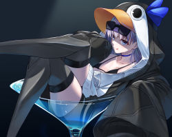 Rule 34 | 1girl, animal hood, armor, bad id, bad pixiv id, bare shoulders, bikini, bikini under clothes, black bikini, black jacket, blue bow, blue eyes, bow, breasts, closed mouth, cocktail glass, collarbone, crossed legs, cup, drinking glass, eyewear on head, fate/grand order, fate (series), greaves, hair between eyes, hood, jacket, licking lips, long hair, long sleeves, looking at viewer, meltryllis, meltryllis (fate), meltryllis (swimsuit lancer) (fate), oversized object, penguin hood, purple hair, sitting, sleeves past fingers, sleeves past wrists, small breasts, suigetsu (hjs1106), sunglasses, sunglasses on head, swimsuit, thighs, tongue, tongue out, very long hair
