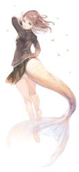 Rule 34 | 1girl, arm up, barefoot, brown hair, brown skirt, closed mouth, fins, fish tail, glasses, grey eyes, medium hair, nightmare-kck, original, petals, round eyewear, scales, simple background, skirt, smile, solo, tail, white background