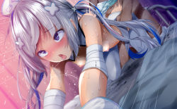 Rule 34 | 1boy, 1girl, amane kanata, amane kanata (nurse), angel wings, ass, bad id, bad twitter id, bandaged arm, bandages, blue hair, blush, breasts, doggystyle, fumihiko (fu mihi ko), hat, hetero, hololive, long hair, multicolored hair, nipples, nurse cap, open mouth, pantyhose, purple eyes, pussy juice, saliva, sex, sex from behind, small breasts, stained sheets, sweat, sweatdrop, tongue, tongue out, virtual youtuber, white pantyhose, wings