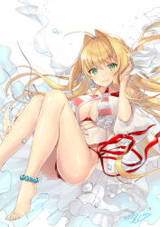 Rule 34 | 1girl, ahoge, anklet, ass, bare legs, barefoot, bikini, blonde hair, blurry, breasts, cleavage, closed mouth, commentary request, depth of field, earrings, fate/grand order, fate (series), feet, floating hair, flower, frills, green eyes, hair intakes, halterneck, jewelry, kagachi saku, knees up, large breasts, long hair, looking at viewer, nero claudius (fate), nero claudius (fate) (all), nero claudius (swimsuit caster) (fate), nero claudius (swimsuit caster) (third ascension) (fate), red bikini, red ribbon, ribbon, rose, see-through, side-tie bikini bottom, sidelocks, signature, sitting, smile, solo, striped bikini, striped clothes, swimsuit, thighs, very long hair, water drop, white background, white flower, white rose