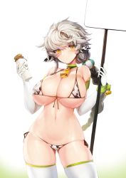 Rule 34 | 10s, 1girl, alternate costume, animal ears, animal print, banner, bare shoulders, bell, bikini, blush, bottle, braid, breasts, brown ribbon, choker, cleavage, collarbone, contrapposto, covered erect nipples, cow ears, cow print, cow print bikini, cowbell, cowboy shot, deep skin, elbow gloves, gloves, highres, holding, holding bottle, huge breasts, kantai collection, kemonomimi mode, long hair, looking at viewer, lowleg, lowleg bikini, micro bikini, milk bottle, name tag, navel, pole, print bikini, ribbon, shiny skin, side-tie bikini bottom, silver hair, simple background, single braid, snowball22, solo, standing, stomach, swimsuit, thighhighs, unryuu (kancolle), white background, white gloves, white thighhighs, wrist cuffs, yellow eyes