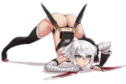 Rule 34 | 1girl, arm belt, arm rest, ass, bandaged arm, bandages, black panties, black thighhighs, dagger, dual wielding, facial scar, fate/apocrypha, fate/grand order, fate (series), flexible, gloves, green eyes, hands on ground, haraya manawari, highres, holding, holding dagger, holding knife, holding weapon, jack-o&#039; challenge, jack the ripper (fate/apocrypha), knife, lowleg, lowleg panties, meme, panties, scar, scar across eye, scar on cheek, scar on face, shoulder tattoo, single glove, solo, spread legs, tattoo, thighhighs, top-down bottom-up, underwear, weapon, white hair, wide spread legs