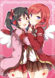 Rule 34 | 10s, 2girls, angel wings, bad id, bad pixiv id, black hair, blush, bow, cardigan, emilion, hair bow, hair ornament, headset, heart, heart hair ornament, hug, long hair, long sleeves, looking at viewer, love live!, love live! school idol festival, love live! school idol project, multiple girls, nishikino maki, open cardigan, open clothes, open mouth, pleated skirt, purple eyes, red eyes, red hair, short hair, skirt, smile, thighhighs, twintails, valentine, wings, yazawa nico