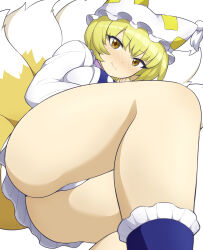 Rule 34 | 1girl, ass, ass focus, blonde hair, blush, bonobo (odenokaz), closed mouth, commentary request, dress, feet out of frame, frills, hat, highres, looking at viewer, mob cap, multiple tails, nose blush, short hair, smile, solo, tail, touhou, white dress, white hat, white tail, yakumo ran, yellow eyes, yellow tail