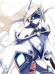 Rule 34 | 1girl, backless outfit, bare shoulders, blazblue, blonde hair, blue eyes, breasts, cape, cloak, forehead protector, glowing, glowing eye, glowing eyes, headgear, long hair, looking at viewer, mecha musume, mu-12, navel, revealing clothes, shiki (shikki46), solo, thighhighs, white background