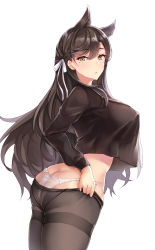 Rule 34 | 1girl, adjusting clothes, adjusting legwear, alternate costume, animal ears, ass, atago (azur lane), atago (school traumerei) (azur lane), azur lane, black hair, black pantyhose, black shirt, blush, bow, breasts, butt crack, clothes pull, covered erect nipples, crop top, crop top overhang, extra ears, from behind, hair between eyes, hair ribbon, highres, large breasts, lingerie, long hair, looking at viewer, looking back, midriff, mole, mole under eye, no bra, no pants, panties, panties under pantyhose, pantyhose, pantyhose pull, parted lips, ribbon, sailor, sailor collar, school uniform, see-through silhouette, shirt, skindentation, solo, standing, swept bangs, thighband pantyhose, underwear, white background, white bow, white panties, white ribbon, yuemanhuaikong