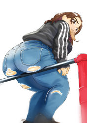 Rule 34 | 1girl, absurdres, ass, brown eyes, brown hair, denim, food, food in mouth, highres, huge ass, jacket, jeans, pants, pole, shoes, sitting, takayafu, torn clothes, torn pants