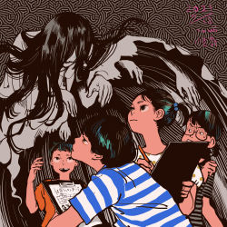 Rule 34 | 2boys, 3girls, absurdres, black shirt, blue shirt, clipboard, dated, extra hands, floating hair, ghost, glasses, highres, horror (theme), long hair, multiple boys, multiple girls, original, procreate (medium), profile, red shirt, shirt, short hair, short sleeves, signature, striped clothes, striped shirt, tomidoron