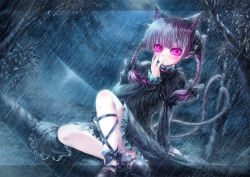 Rule 34 | 1girl, animal ears, arm support, blush, braid, cat ears, cat tail, dress, extra ears, frilled dress, frills, hand to own mouth, in tree, juliet sleeves, kaenbyou rin, leg ribbon, long sleeves, mary janes, misaki (kyal 001), moonlight, multiple tails, nekomata, night, pointy ears, puffy sleeves, purple eyes, purple hair, rain, ribbon, shoes, sitting, sitting in tree, solo, tail, touhou, tree, twin braids, two tails, wet, wet clothes, wet dress