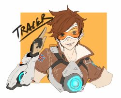 Rule 34 | bomber jacket, brown eyes, brown hair, brown jacket, buckle, character name, chest harness, ear piercing, earrings, enseisong, gloves, goggles, grin, harness, jacket, jewelry, leather, leather jacket, multiple earrings, orange background, overwatch, overwatch 1, patch, piercing, salute, short hair, simple background, smile, smirk, solo, spiked hair, tracer (overwatch), union jack, upper body