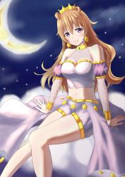 Rule 34 | 1girl, artist name, artist request, bare legs, blush, bracelet, breasts, brown hair, butterfly (love live!), choker, cleavage, clothing cutout, collarbone, crescent moon, cropped shirt, crown, detached sleeves, double bun, dress, dress shirt, earrings, female focus, gold bracelet, hair between eyes, hair bun, hair rings, harem outfit, highres, jewelry, konoe kanata, long hair, looking at viewer, love live!, love live! nijigasaki high school idol club, love live! school idol festival, medium breasts, moon, nail, nail polish, navel, on cloud, outdoors, parted lips, pink nails, puffy short sleeves, puffy sleeves, purple eyes, purple shirt, purple shorts, shirt, short sleeves, shorts, shoulder cutout, sitting, smile, solo, sparkle, star (sky), two side up, yellow bracelet, yellow choker