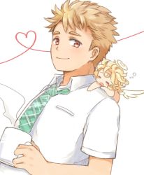 Rule 34 | 2boys, angel, angel wings, blonde hair, cherub, closed mouth, collared shirt, cup, cupid (housamo), closed eyes, green necktie, halo, heart, highres, holding, holding cup, looking at viewer, male focus, mug, multiple boys, necktie, open mouth, pink eyes, shirt, short hair, sideburns, sleepy, steam, summon lw, tennouji shin&#039;ya, tokyo houkago summoners, upper body, white background, white shirt, wings