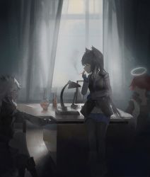 Rule 34 | 3girls, absurdres, animal ears, arknights, black coat, black footwear, black pantyhose, black shirt, black vest, blue gloves, blue shorts, boboyo, boots, bottle, cigarette, coat, crossed legs, crying, crying with eyes open, curtains, dark, desk, desk lamp, ear piercing, exusiai (arknights), gloves, green eyes, grey hair, halo, highres, holding, holding cigarette, indoors, jacket, lamp, lappland (arknights), lappland (refined horrormare) (arknights), multiple girls, official alternate costume, open clothes, open jacket, pantyhose, pantyhose under shorts, piercing, red hair, scar, scar across eye, shirt, shorts, smoking, tears, texas (arknights), texas the omertosa (arknights), vest, white jacket, white shirt, window, wolf ears, wolf girl, yellow eyes