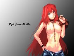 Rule 34 | 00s, 1girl, aozaki aoko, bad id, bad pixiv id, black maria, blue eyes, bracelet, breasts, chain, collar, denim, hand on own hip, hip focus, jeans, jewelry, leash, long hair, nipples, pants, red hair, solo, spiked bracelet, spikes, suitcase, tomboy, topless, tsukihime, type-moon