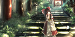Rule 34 | 1girl, arm support, ascot, bow, brown eyes, brown hair, detached sleeves, dress, flower, forest, hair bow, hair tubes, hakurei reimu, hakurei shrine, highres, kikivi, long hair, long sleeves, looking at viewer, nature, red dress, sitting, sitting on stairs, solo, stairs, torii, touhou, wide sleeves