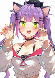 Rule 34 | 1girl, absurdres, ahoge, animal ears, bibi (tokoyami towa), black camisole, black choker, blush, breasts, camisole, cat ears, choker, claw pose, cleavage, collarbone, commentary, cropped jacket, fangs, green eyes, hair ornament, hairclip, highres, hololive, jacket, kemonomimi mode, long hair, long sleeves, looking at viewer, medium breasts, mr.lime, multicolored hair, multicolored nails, nail polish, o-ring, o-ring choker, open clothes, open jacket, open mouth, pink hair, pointy ears, purple hair, purple nails, simple background, solo, streaked hair, sweatdrop, symbol-only commentary, tokoyami towa, twintails, two-tone hair, upper body, virtual youtuber, white background, white jacket, yellow nails