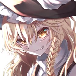 Rule 34 | 1girl, black vest, blonde hair, blouse, braid, commentary request, hair between eyes, hat, head tilt, high collar, kirisame marisa, long hair, looking at viewer, shaded face, shirt, sidelighting, simple background, single braid, sneer, solo, touhou, transparent background, tsune (tune), upper body, very long hair, vest, white background, white shirt, witch hat, yellow eyes