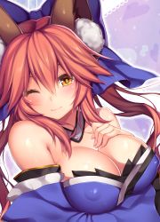Rule 34 | 1girl, absurdres, animal ears, ayuteisyoku, bare shoulders, blush, bow, breast hold, breasts, cleavage, covered erect nipples, detached sleeves, fate/extra, fate/grand order, fate (series), fox ears, fox tail, hair bow, hair ribbon, highres, japanese clothes, large breasts, long hair, looking at viewer, one eye closed, pink hair, ribbon, smile, solo, tail, tamamo (fate), tamamo no mae (fate/extra), yellow eyes