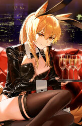 Rule 34 | 1girl, alcohol, animal ear fluff, animal ears, arknights, black bow, black bowtie, black footwear, black gloves, black hairband, black jacket, black leotard, black nails, blonde hair, bow, bowtie, breasts, brown thighhighs, champagne, champagne flute, character request, cleavage, closed mouth, cup, drinking glass, fake animal ears, fingerless gloves, gloves, hair between eyes, hairband, high heels, highres, holding, holding tray, indoors, jacket, leotard, long hair, looking at viewer, medium breasts, nail polish, night, oxy (ho2), playboy bunny, ponytail, rabbit ears, red eyes, shoes, smile, solo, tail, thighhighs, tray, window