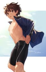 Rule 34 | 1boy, backlighting, bare pectorals, black male swimwear, brown eyes, brown hair, bulge, chromatic aberration, day, from side, highres, hip bones, jacket, jammers, looking at viewer, male focus, male swimwear, navel, nayoshi (r-744), nipples, open clothes, open jacket, open mouth, original, outdoors, outside border, pectorals, short hair, solo, spiked hair, standing, sunlight, track jacket
