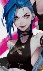 Rule 34 | 1girl, absurdres, arcane: league of legends, arcane jinx, bare shoulders, blue hair, braid, breasts, closed mouth, crop top, fingerless gloves, gloves, hand up, highres, jinx (league of legends), lavelis, league of legends, long hair, looking at viewer, medium breasts, pink background, pink eyes, shiny skin, smile, solo, tattoo, twin braids, upper body, white background