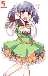 Rule 34 | 1girl, artist logo, candy, chocolate, chocolate bar, commentary request, cosplay, cowboy shot, dated, dress, dress shirt, flower, flower knight girl, food, hair flower, hair ornament, highres, kanon (kurogane knights), kantai collection, kodemari (flower knight girl), kodemari (flower knight girl) (cosplay), long sleeves, looking at viewer, ooshio (kancolle), puffy long sleeves, puffy sleeves, purple hair, shirt, short hair, short twintails, simple background, solo, trait connection, twintails, white background, white shirt