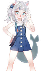 Rule 34 | 1girl, animal ears, bag, blue eyes, blue hair, blue skirt, blunt bangs, breasts, cat ears, cube hair ornament, fins, fish tail, frilled shirt, frilled sleeves, frills, gawr gura, gawr gura (casual), grey hair, hair ornament, hand on own hip, handbag, hololive, hololive english, long hair, looking at viewer, medium hair, multicolored hair, open mouth, ryoma (rym 369), shark girl, shark tail, shirt, short sleeves, side ponytail, sidelocks, skirt, skirt set, small breasts, solo, streaked hair, tail, very long hair, virtual youtuber, white background, white shirt
