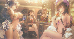 Rule 34 | 4girls, armpits, bare shoulders, bikini, black hair, blonde hair, blue eyes, blush, bow, breasts, brown hair, cleavage, collarbone, crossed legs, cup, dress, drinking glass, flower, food, frills, goddess paradise, hair flower, hair ornament, highres, indoors, large breasts, long hair, looking at viewer, multi-strapped bikini, multiple girls, navel, official art, open mouth, patch oxxo, sitting, smile, string bikini, swimsuit, table, thighs