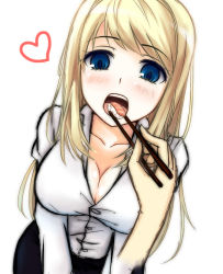 Rule 34 | 1girl, blonde hair, blue eyes, blush, breasts, chloe lemaire, chopsticks, cleavage, feeding, food, gayprince, girlfriend (kari), heart, large breasts, long hair, looking at viewer, open mouth, pov, pov feeding, simple background, solo focus, sushi, white background