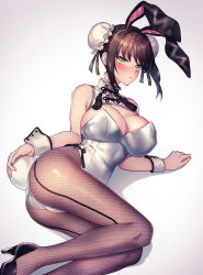 Rule 34 | 1girl, animal ears, black footwear, blush, breasts, bun cover, character request, check character, double bun, fake animal ears, fate/grand order, fate (series), fishnet pantyhose, fishnets, green eyes, hair bun, high heels, highres, large breasts, leotard, looking at viewer, lying, medium hair, moe (hamhamham), on side, pantyhose, playboy bunny, qin liangyu (fate), rabbit tail, sidelocks, solo, tail, white background, white leotard, wrist cuffs