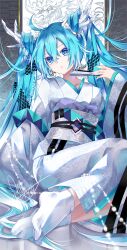 Rule 34 | 1girl, 2024, antlers, blue eyes, blue hair, chinese zodiac, hand fan, hatsune miku, highres, holding, holding fan, horns, japanese clothes, kimono, long hair, looking at viewer, obi, parted lips, sash, sitting, solo, tabi, twintails, tyouya, very long hair, vocaloid, white kimono, year of the dragon