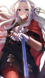 Rule 34 | 1girl, black jacket, black shorts, blood, blood in hair, blood on clothes, blood on face, brown ribbon, cape, commentary request, edelgard von hresvelg, fire emblem, fire emblem: three houses, forehead, gloves, grey eyes, hair ribbon, highres, jacket, layered sleeves, long hair, long sleeves, looking at viewer, nintendo, pantyhose, parted bangs, parted lips, puffy short sleeves, puffy sleeves, red cape, red pantyhose, ribbon, satoimo chika, short over long sleeves, short shorts, short sleeves, shorts, simple background, solo, very long hair, white background, white gloves, white hair