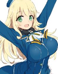 Rule 34 | 1girl, alchera, arms up, atago (kancolle), beret, blonde hair, blue hat, breasts, commentary request, green eyes, hat, kantai collection, large breasts, long hair, looking at viewer, military, military uniform, simple background, solo, uniform, upper body, white background