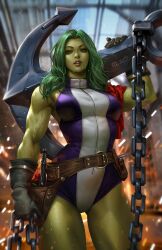 Rule 34 | anchor, belt, chain, colored skin, dcwj, factory, gloves, green eyes, green hair, green skin, highres, leotard, long hair, looking at viewer, marvel, muscular, muscular female, official art, over shoulder, she-hulk, towel, utility belt, weapon, weapon over shoulder