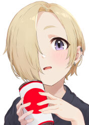 Rule 34 | 1girl, black shirt, blonde hair, can, commentary request, domdom, ear piercing, earrings, hair over one eye, hands up, highres, holding, holding can, idolmaster, idolmaster cinderella girls, jewelry, looking at viewer, parted lips, piercing, portrait, purple eyes, shirasaka koume, shirt, short hair, simple background, solo, white background