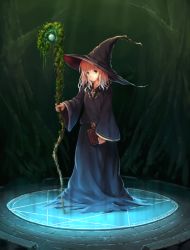 Rule 34 | 1girl, book, brick floor, brown hair, forest, full body, gem, hat, hexagram, holding, holding weapon, hood, hood down, long hair, looking at viewer, magic circle, moss, nature, original, oukatihiro, plant, solo, staff, tree, vines, weapon, witch, witch hat