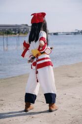 Rule 34 | 1girl, ainu clothes, asian, black hair, cosplay, fingerless gloves, from behind, gloves, hair ribbon, highres, japanese (nationality), legs, long hair, nakoruru, pants, ribbon, samurai spirits, snk, solo, the king of fighters, thighs, weapon